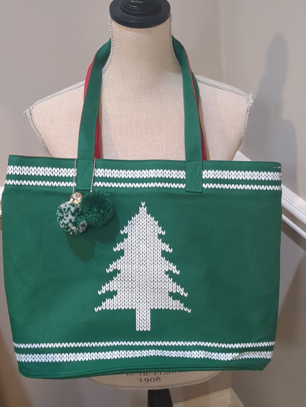 Large Punctuate Green Holiday Tree Tote Bag with Pom Detail- Like New!